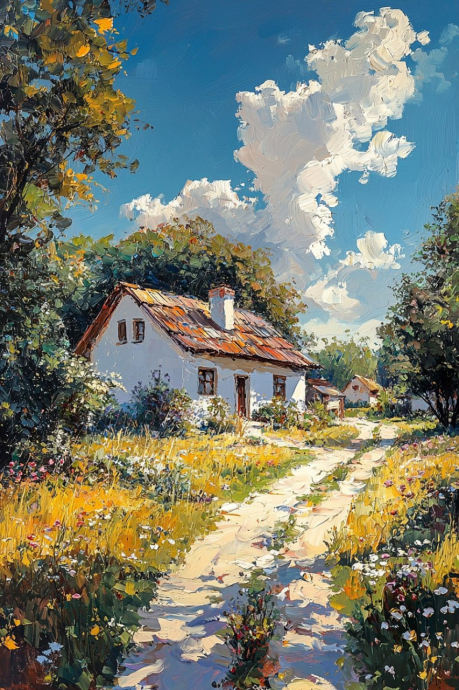 Нейросеть, домик, облака. Рисунок. Тропа.