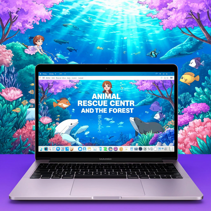 Ноутбук, красиво, надпись: Animal Rescue center Children of the sea and the Forest 2