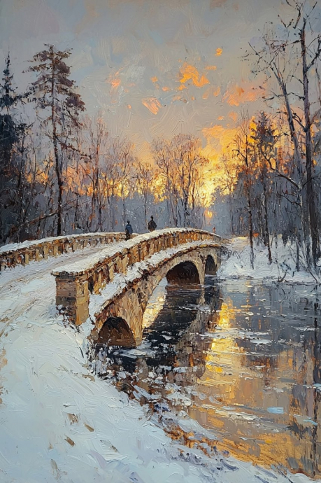 Мост, зима, нейросеть, арт, солнце, вау