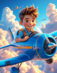 Мальчик летит и управляет самолетиков, 3D