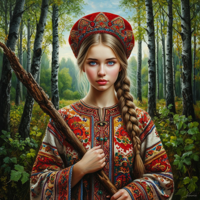 Девушка русская славянка в лесу, арт рисунок
