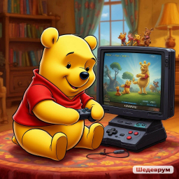 Винка пух играет в игровую приставку, нейросеть арт