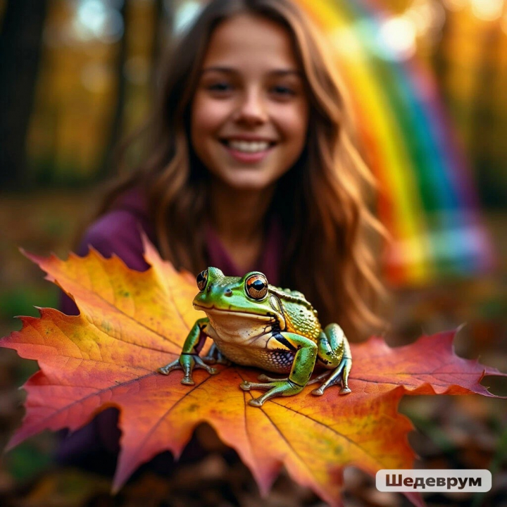 Красивые изображения, осень, девочка, лягушка, радуга 4